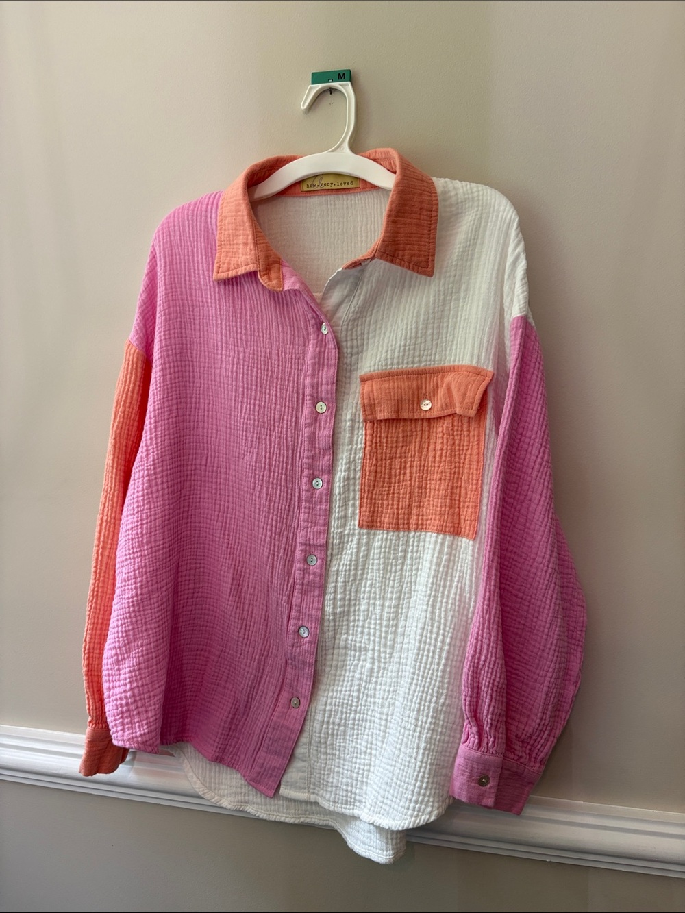 Colorblock Cotton Gauze Button-Down Shirt - Pink, Coral & White